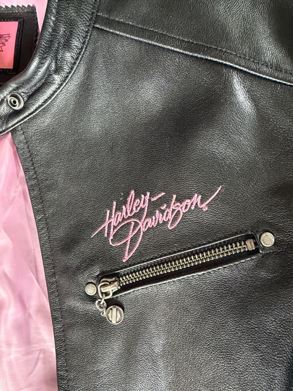 Harley-Davidson Black Leather Bomber Jacket with Pink Logo Accent - Picture 6 of 12